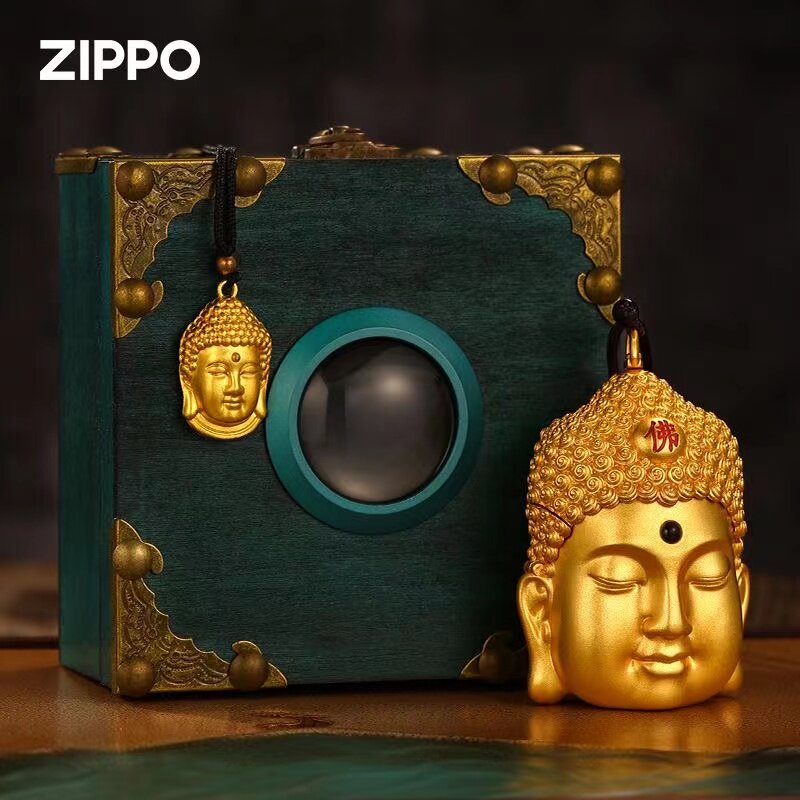 zippo打火机镀金套壳金佛头