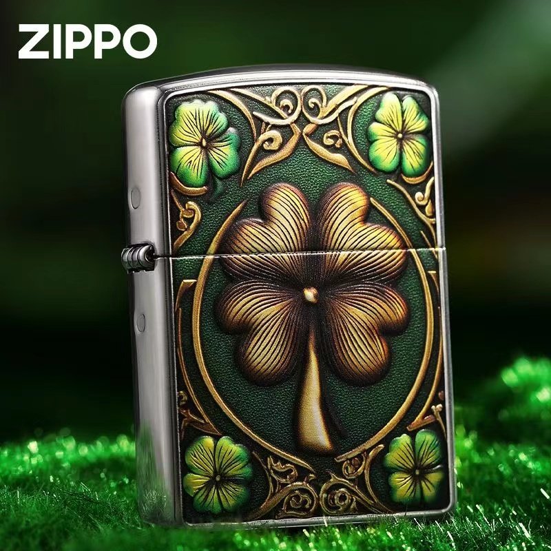 zippo打火机盔甲镀银浮雕四叶草