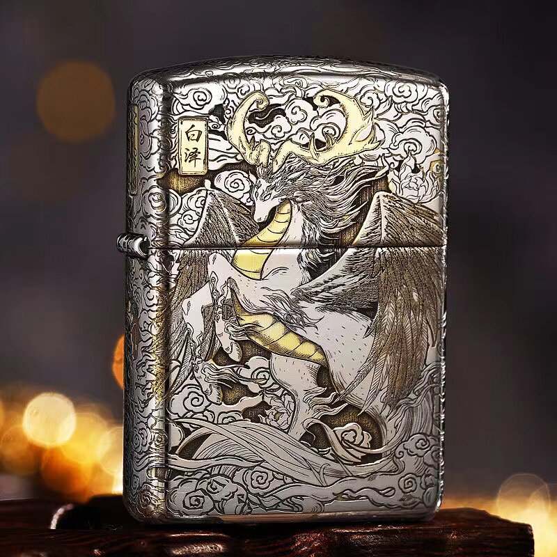 zippo打火机镜面盔甲机深雕白泽