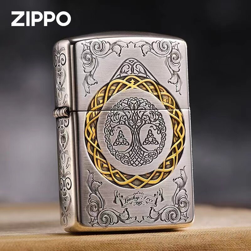 zippo打火机盔甲镀银双色幸运树
