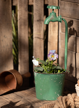 铁艺水龙头花盆绿色花器铁皮做旧创意阳台花园户外庭院装饰品