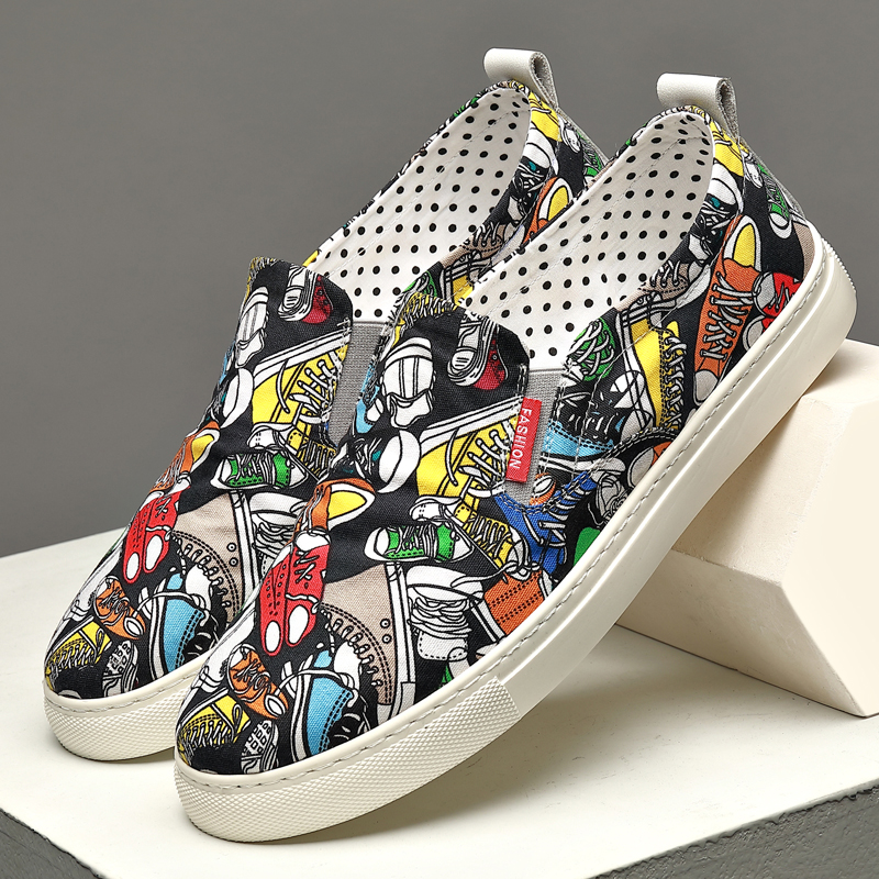 潮鞋新款涂鸦布鞋男春季休闲鞋一脚蹬男鞋懒人鞋男士板鞋百搭透气