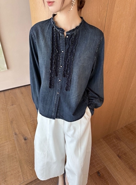 卡蔓诗kms30821韩系木耳边小众时尚牛仔衬衫女2026春宽松百搭上衣