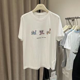id sister韩系卡通小猫印花正肩圆领短袖T恤女2025春夏百搭上衣潮