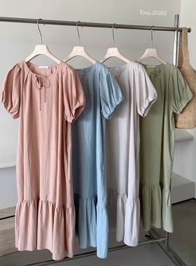 Enxi蒽茜20262韩系绑带短袖中长款鱼尾连衣裙女2025夏季显瘦上衣