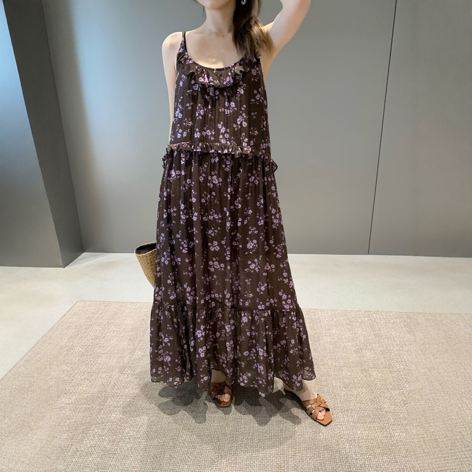Enxi蒽茜20950韩系木耳边复古碎花吊带连衣裙女2026夏季气质百搭