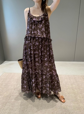 Enxi蒽茜20950韩系木耳边复古碎花吊带连衣裙女2026夏季气质百搭
