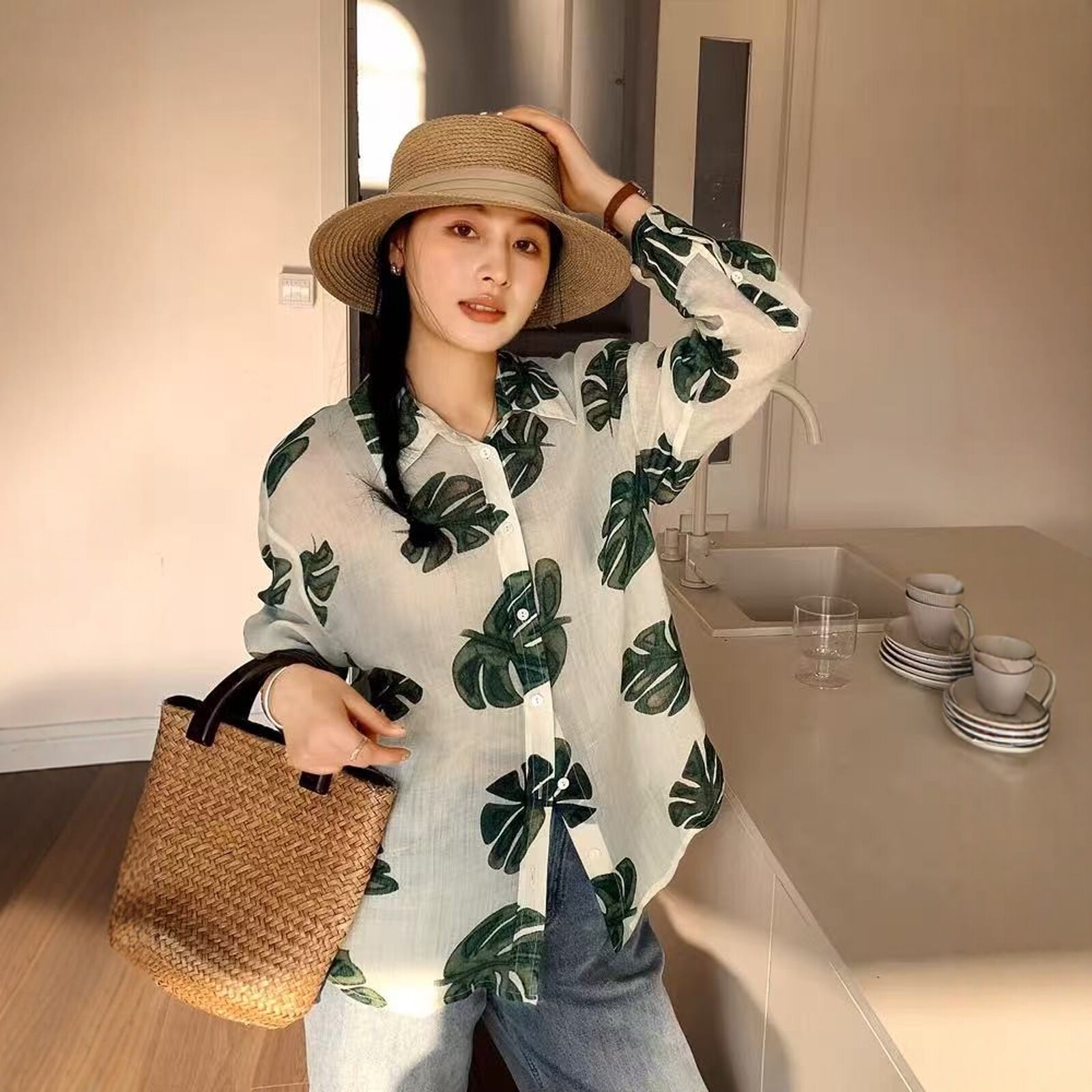 韵芭莎232时尚印花苎麻长袖衬衫女2025春季高级感宽松百搭上衣潮