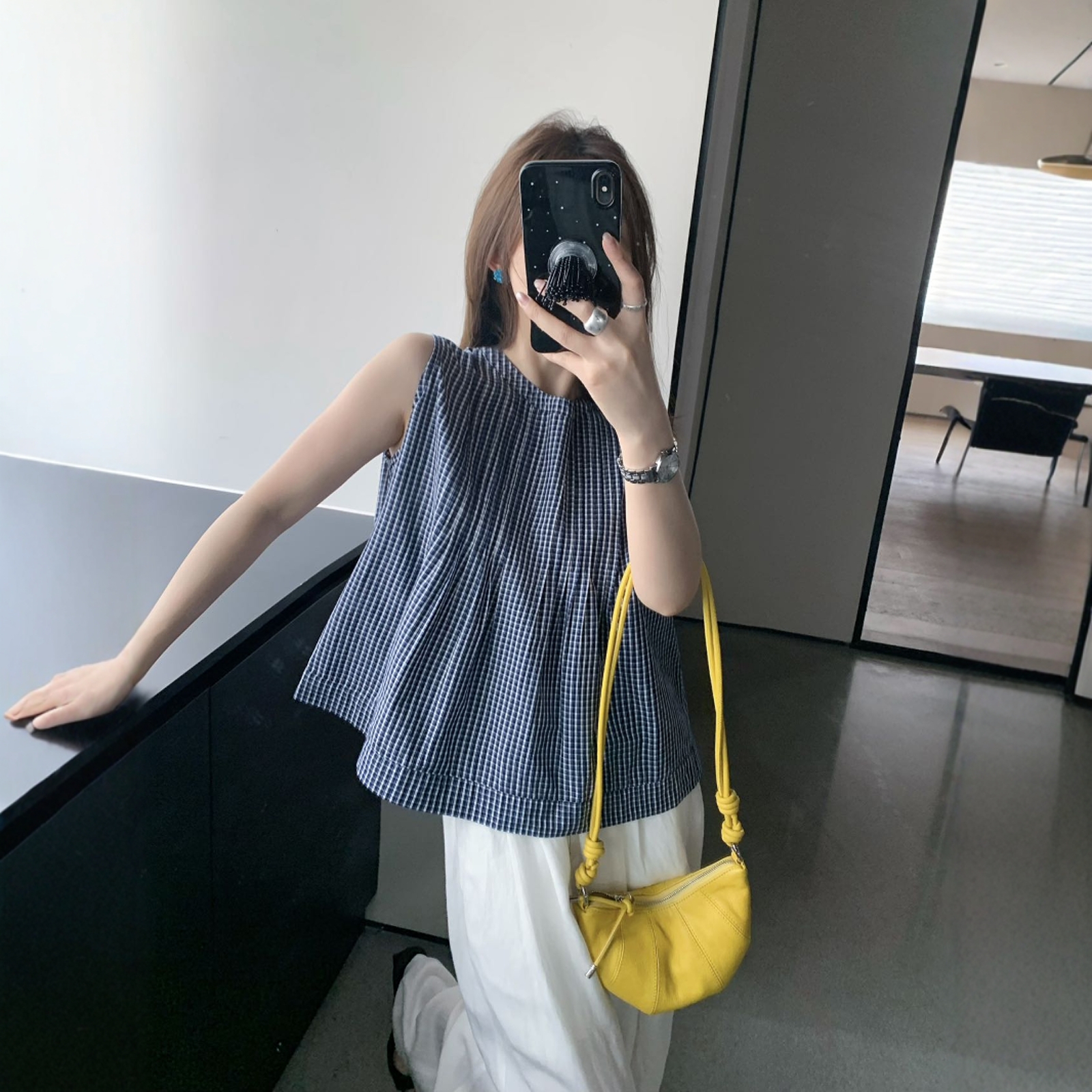 韩系复古格子纹无袖衬衫女