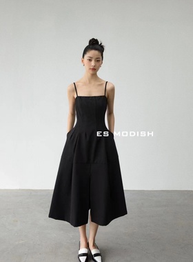 ES MODISH春夏1543黑色吊带连衣裙女赫本风收腰显瘦A字开叉中长裙