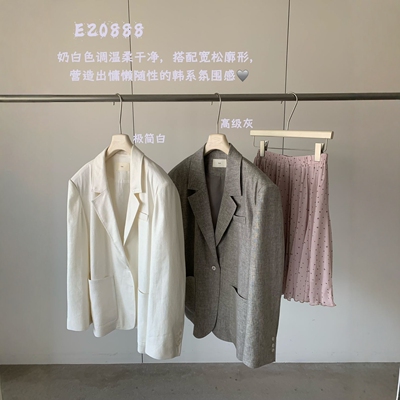 蒽茜韩系V领麻料西装外套女春