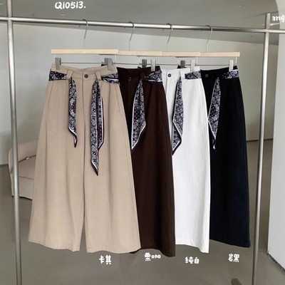 韩系丝巾腰带九分阔腿休闲裤女