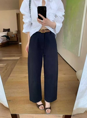 Enxi蒽茜20862韩系高腰皮带直筒显瘦休闲裤女2026春季百搭棉麻裤