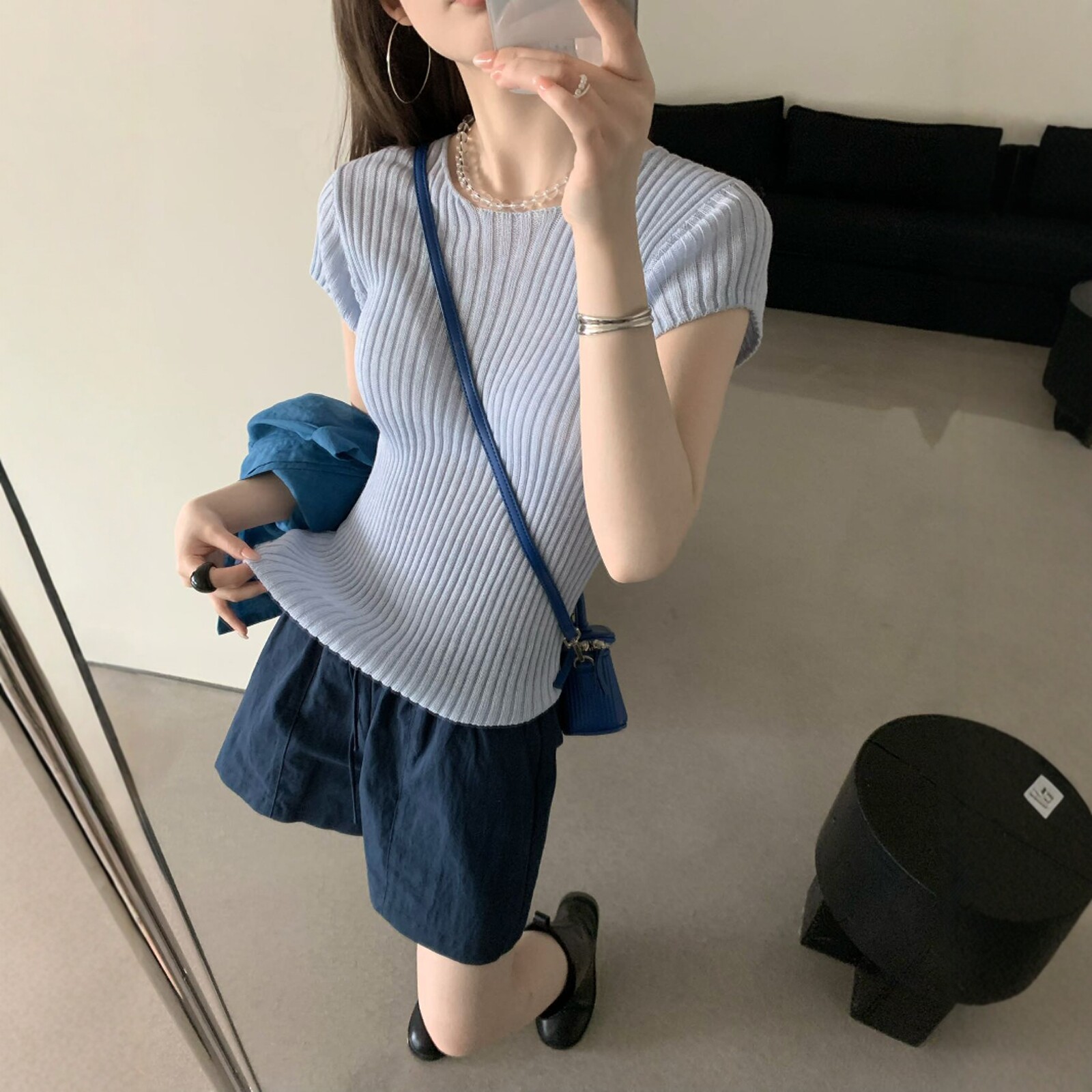韩系坑条纹修身短袖冰丝针织衫女