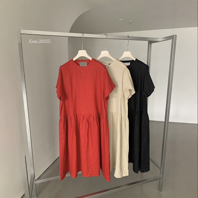 韩系小心机宽松中长款苎麻连衣裙