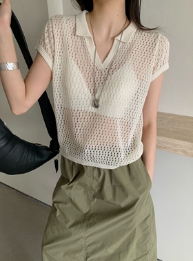 卡蔓诗25167韩系翻领镂空小众短袖针织衫女2025夏季宽松百搭上衣