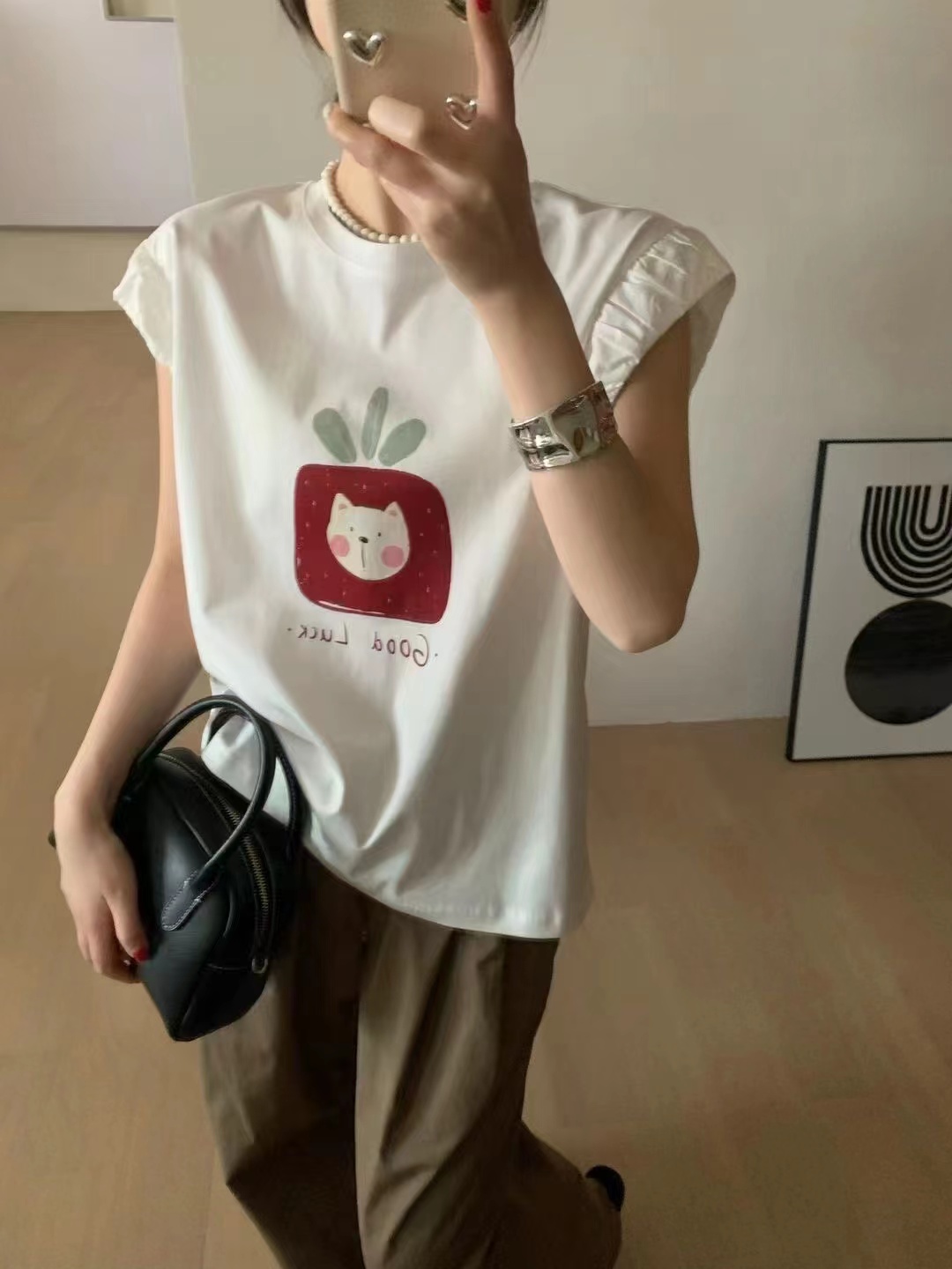 蒽茜3112小猫印花无袖背心T恤女