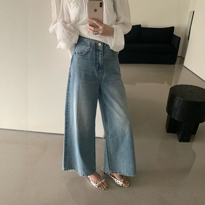 韩系高腰做旧九分阔腿牛仔裤女