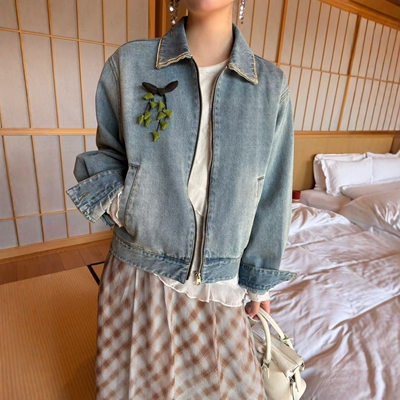 韩系可爱牛仔翻领外套女春季宽松