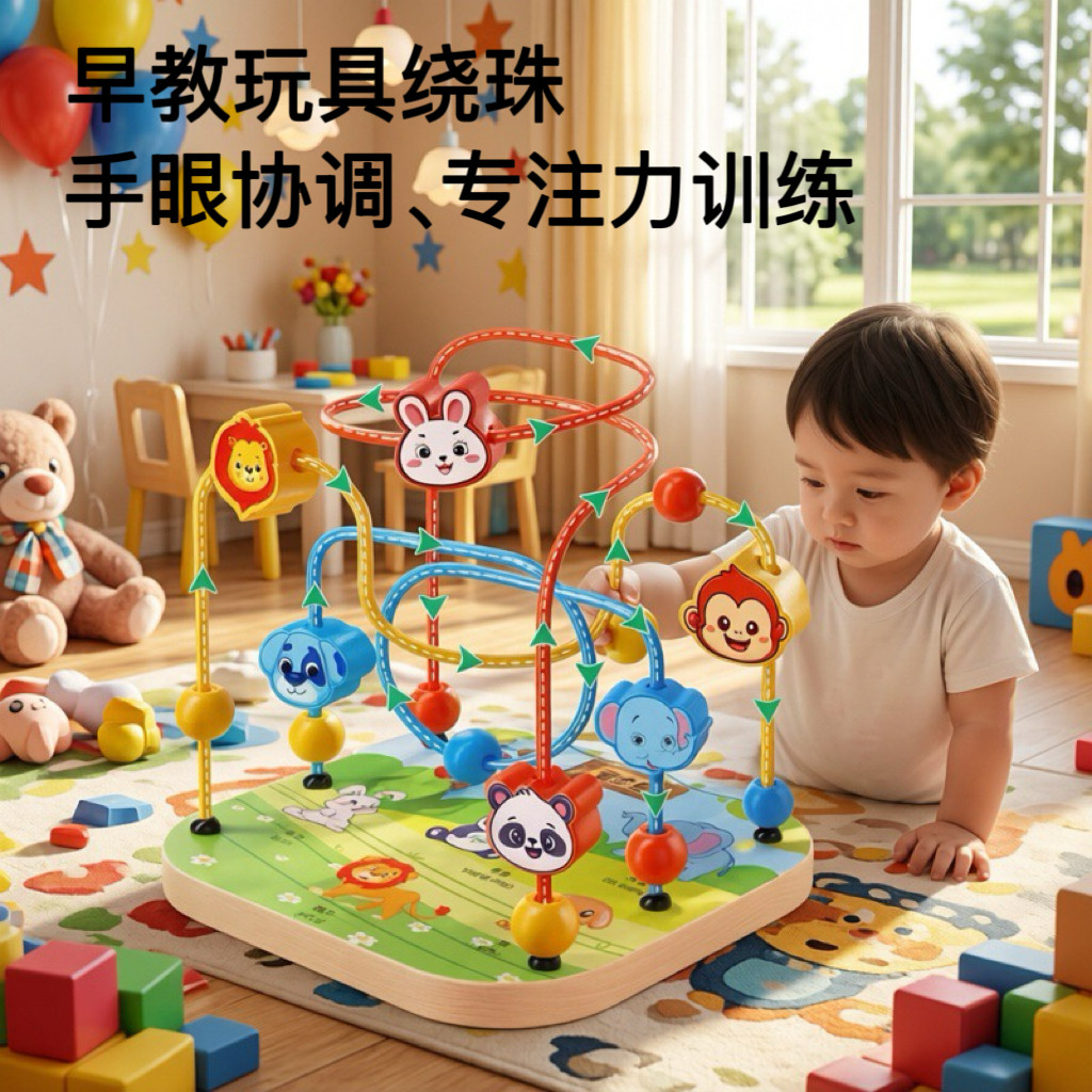 木质动物绕珠串珠玩具婴幼儿早教手眼协调专注力训练宝宝益智玩具