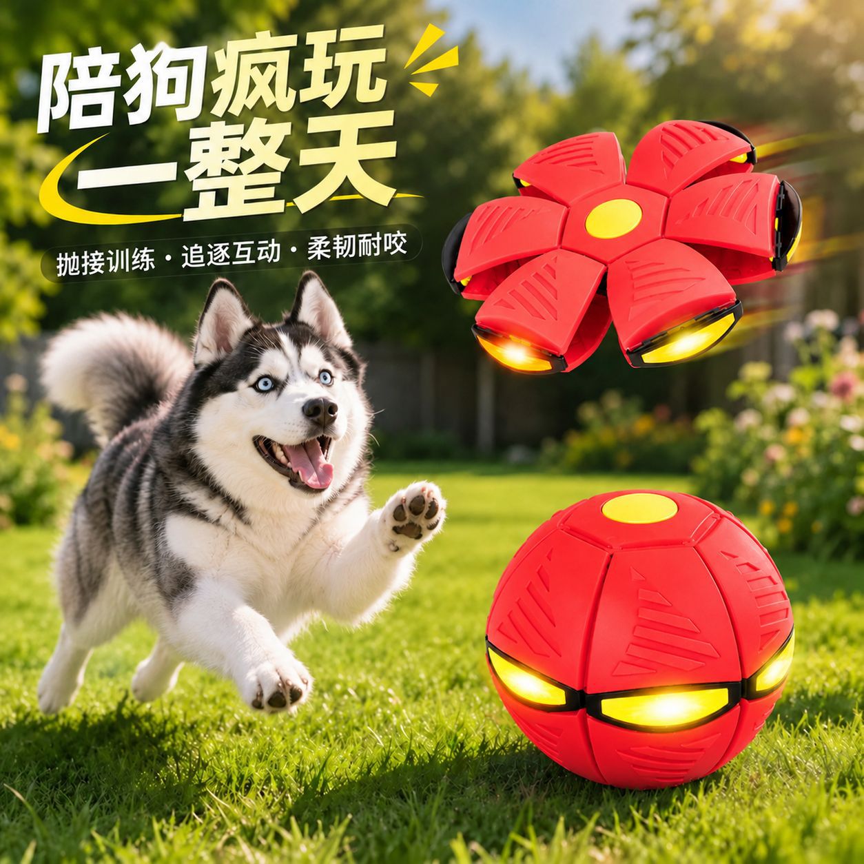 狗狗玩具魔幻飞碟球变型互动发光飞盘耐咬弹力球踩踩球弹跳球玩具