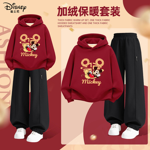 迪士尼男女加绒保暖本命年新年运动风儿童红色连帽卫衣灯笼裤套装