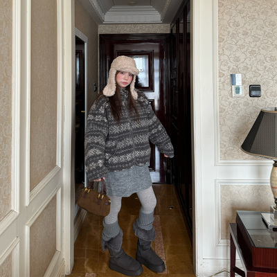 Eve H 2025冬天的雪国费尔岛羊羔绒加厚外套宽松上衣女