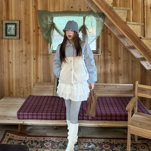 韩系女孩蓝色格子棉服外套女 2025冬天 Eve