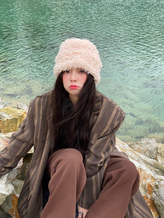 高级感复古宽松中长款 Eve 领毛呢外套女2023新款 条纹西装 呢大衣