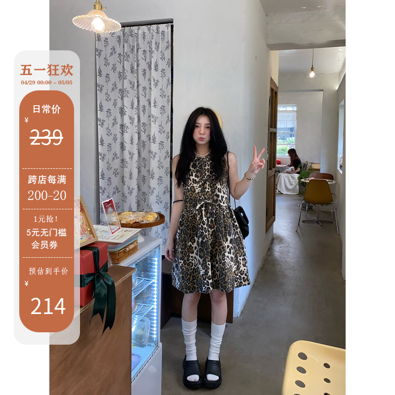 Eve H 美式辣妹豹纹绑绳连衣裙女2024夏季新款无袖设计感气质裙子