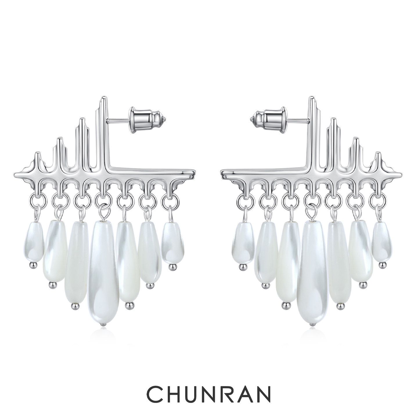 CHUNRAN春然疤痕系列新款刻度元素-棱形贝母流苏耳环个性耳钉