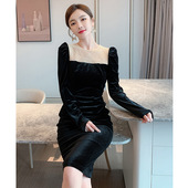 复古赫本风小黑裙重工珍珠收腰显瘦包臀裙泡泡袖 丝绒连衣裙