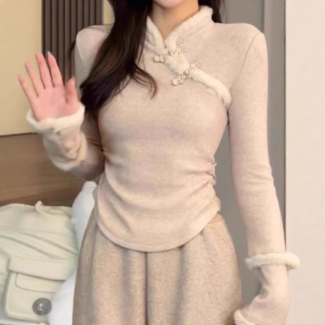 毛毛拼接长袖新中式盘扣上衣女学衬衫