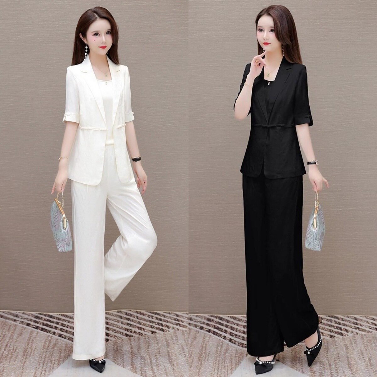 时尚超火职业西服套装女2026夏季新款显瘦西装吊带阔腿裤三件套潮
