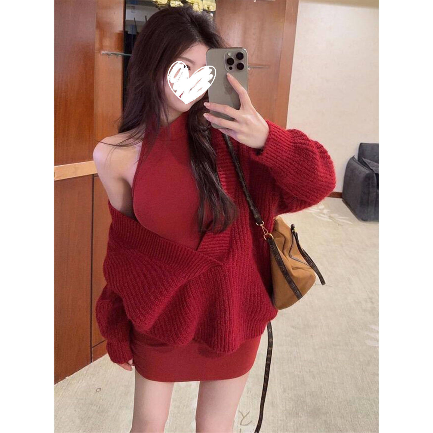 性感辣妹风长袖V领毛针织衫女2026新款背心连衣裙包臀短裙两件套