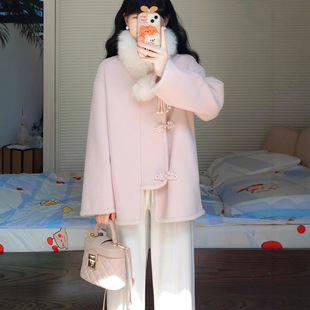 新中式粉色小香风外套女秋冬2025新款小个子加厚中长款毛呢大衣