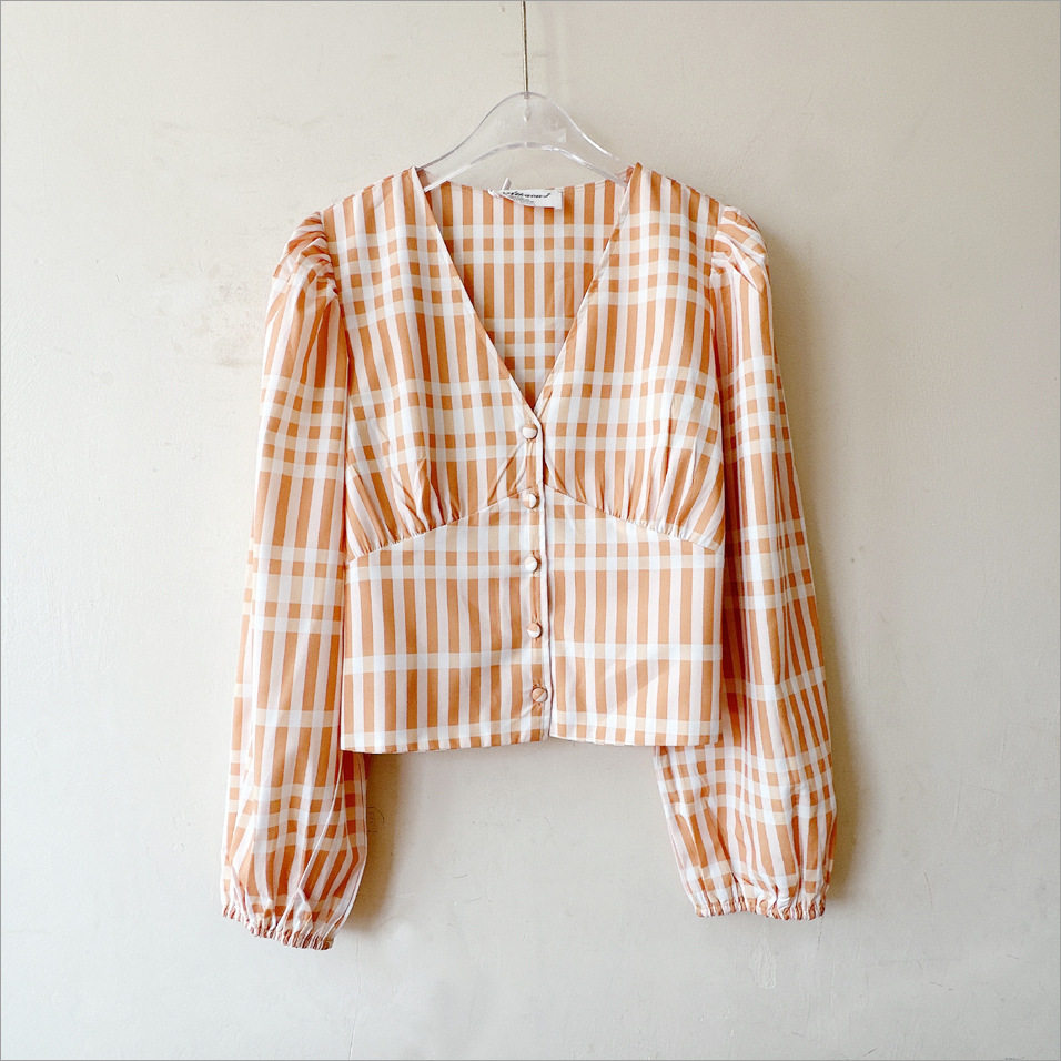 春夏季新款 刘一菲同款印花格子长袖衬衫上衣搭配背带半身裙