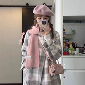 韩系灰粉格纹毛呢2025年冬季 新款 大衣外套女宽松保暖气质上衣