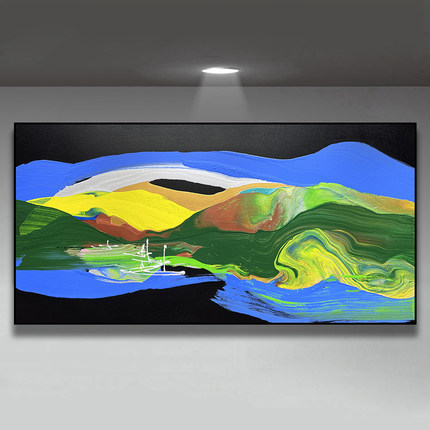 原创手绘现代简约客厅玄关黑色抽象油画风景高端挂画金色港湾