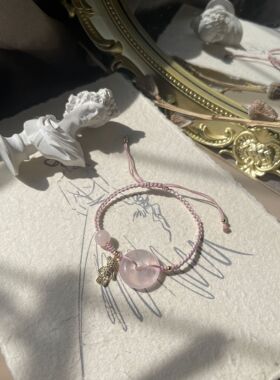 木宁家冰透天然粉水晶手链女生桃花平安扣手绳手工编织简约甜美