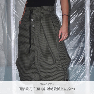 7440371格纹抽绳阔腿七分裤