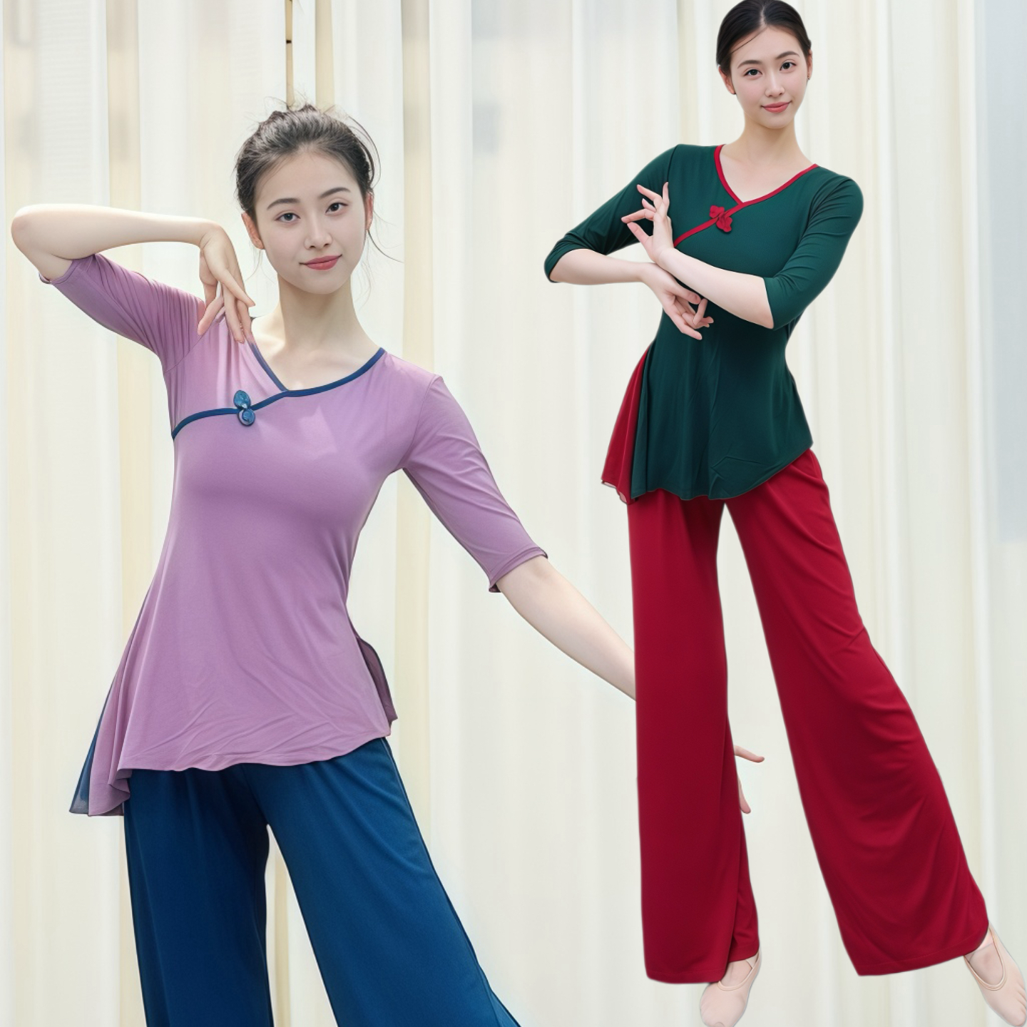 现代民族舞侧开叉飘逸舞蹈练功服形体撞色团体班服演出古典舞衣女