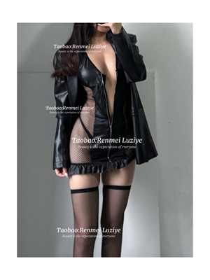RenmeiLuziye【不露声色】高级设计仿皮性感拉链诱惑花边网包臀裙