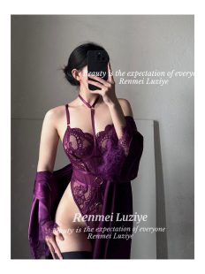 RenmeiLuziye【未闻花名】性感高级蕾丝复古紫色挂脖吊带连体衣