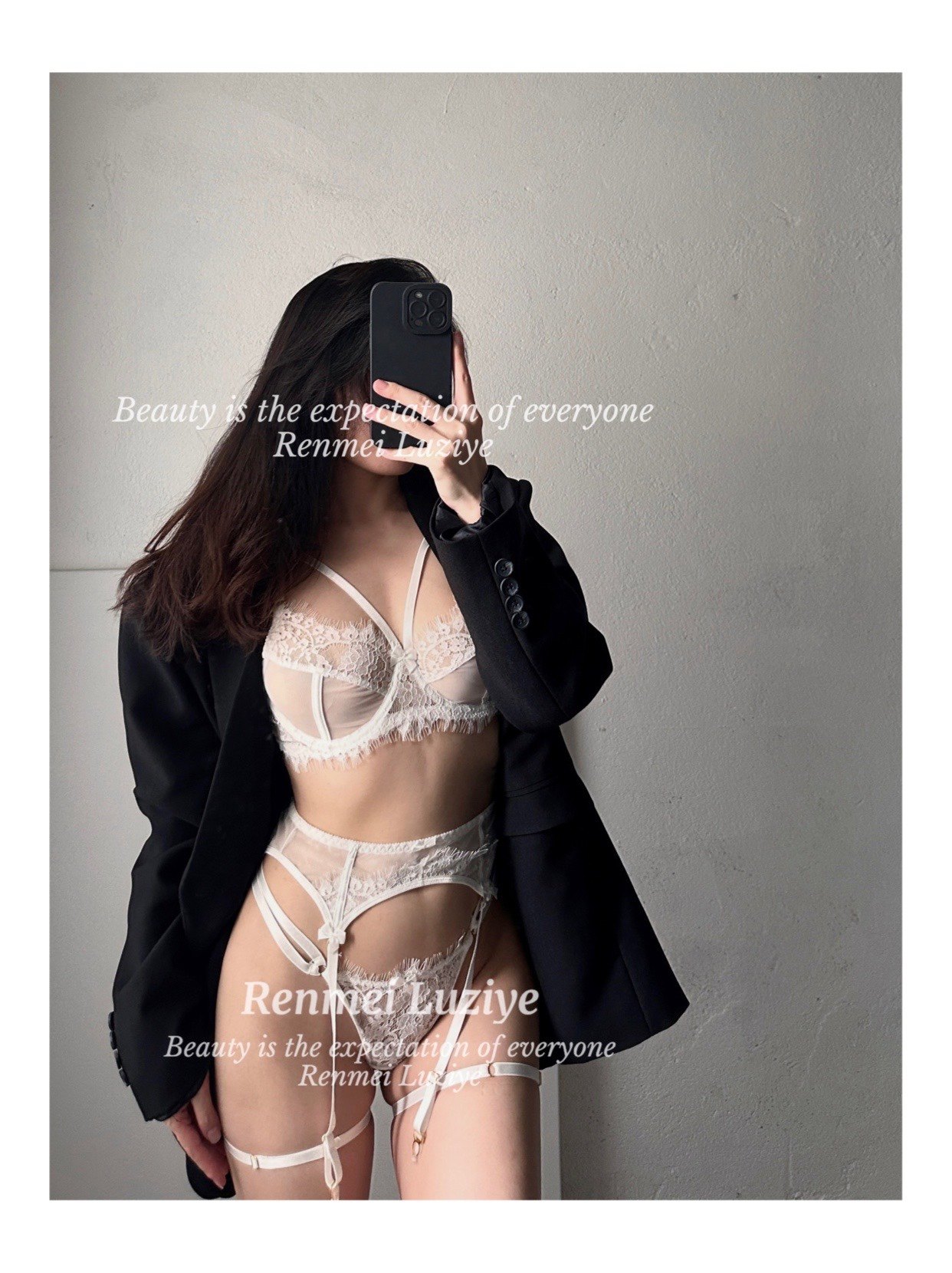 RenmeiLuziye【清晨】性感蕾丝薄被聚拢内衣套装高级舒服吊袜带女