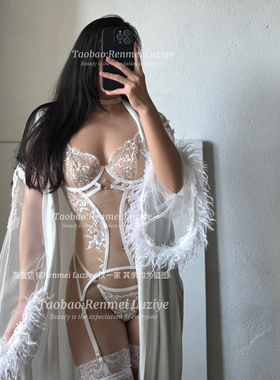 RenmeiLuziye【吻痕】情人节约会法式性感浪漫刺绣网纱胸衣套装白