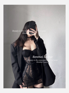 RenmeiLuziye【彻夜】性感蕾丝聚拢显瘦挂脖低胸超短连衣裙睡裙女