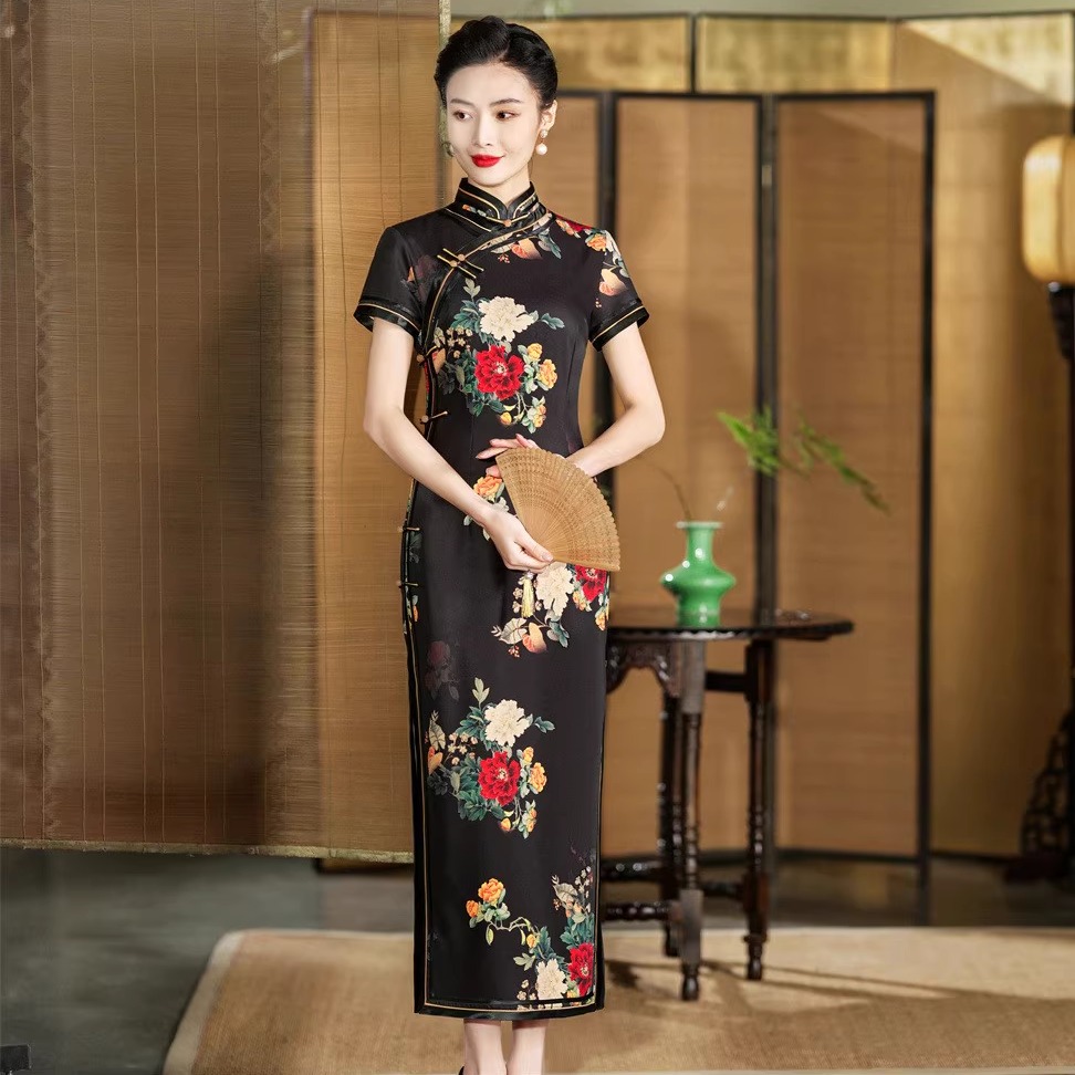 高档仿醋酸旗袍短袖长款2025夏季新款黑色牡丹花中国风老上海旗袍
