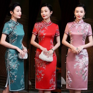 老上海2025夏季 日常中年女媽媽旗袍短袖 中長款 斜襟復(fù)古中國風(fēng) 女裝
