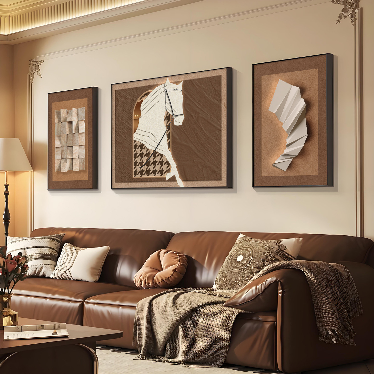 挂画装饰画客厅沙发背景墙2026新款轻奢高级感中古风骏马三联壁画